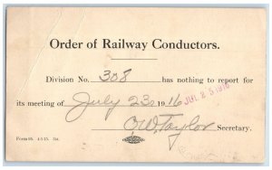 1916 Order of Railway Conductors Cedar Rapids Iowa IA Posted Postal Card