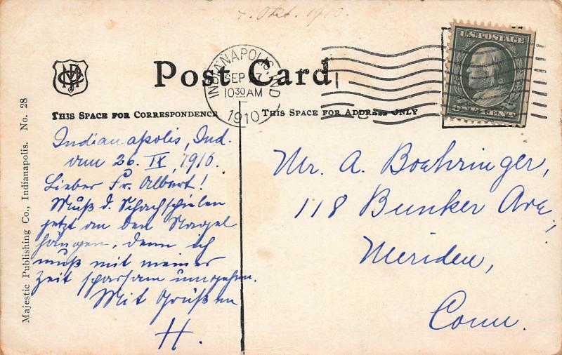 German House, Indianapolis, Indiana, Early Postcard, Used in 1910