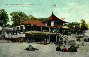 C. 1910 Lake Michigan Park Pavilion Beach Muskegon, MI Postcard F58