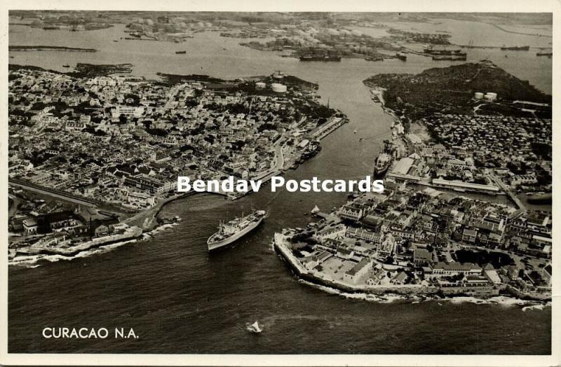 curacao, N.A., WILLEMSTAD, Air View of Harbour (1955) RPPC Stamp