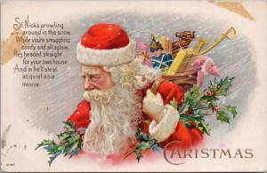 Santa Claus Carrying Gifts Christmas Xmas Presents St. Nick Postcard E30 *As Is