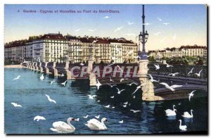 Old Postcard Geneva Swans and Seagulls in the Mont Blanc Bridge