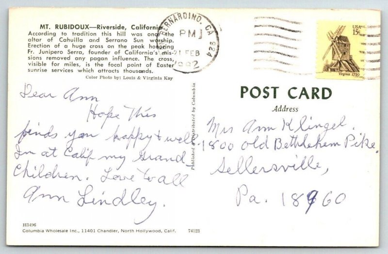 Mt. Rubidoux - Riverside, California - 1982 - Postcard