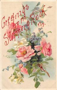 Greetings From Pink Roses Flowers Signed Klein Antique Postcard J52476