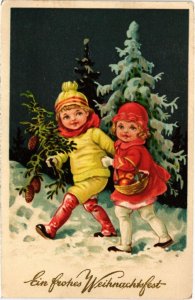 CPA AK Boy Girl - Forest - Christmas - Artist Signed CHILDREN (1292891)