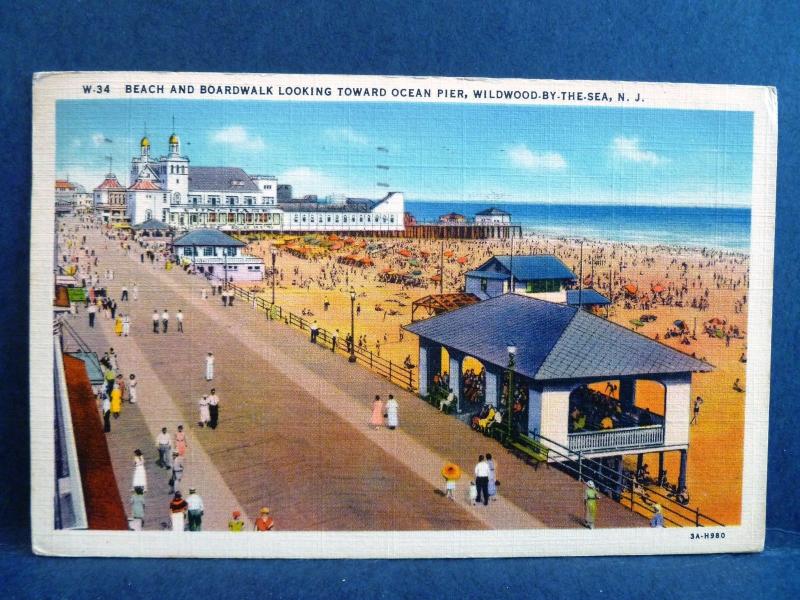 Postcard NJ Wildwood By The Sea Beach & Boardwalk Looking Toward Ocean Pier
