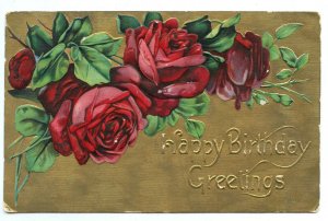 Postcard Happy Birthday Greetings Vintage Standard View Card Embossed Red Roses 