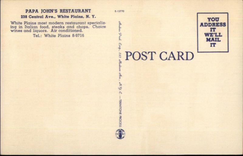 White Plains NY Papa John's Restaurant LINEN Postcard