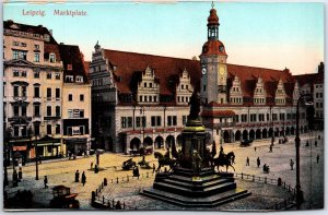 VINTAGE POSTCARD STREET SCENE ON THE MARKET SQUARE PLAZA LEIPZIG GERMANY c. 1910