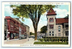 c1930's Broad Street Welch Block First Baptist Church Hotel Westerly RI Postcard