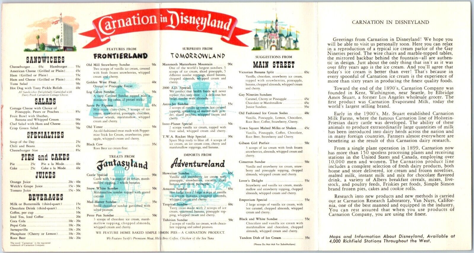 1959 Anaheim, CA Disneyland Ice Cream Parlor Cafe Menu Postcard Card