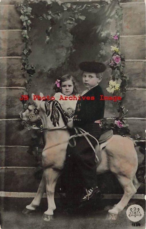 Studio Shot, Tinted RPPC, Children on Horse Prop, PGH Photo Valladolid No 1234