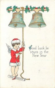 New Year~Angel In Red Coat Watches Time~Ready To Ring Bells~Scroll~Gold~P of P