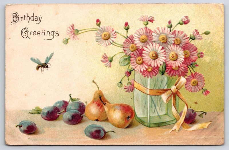 Vintage Postcard Birthday Wishes Greetings Daisies Flowers in Vase with