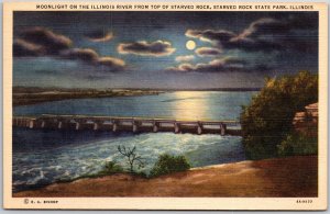 Illinois ILL, Moonlight on River From Top of Starved Rocks, Vintage Postcard