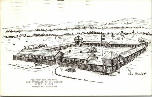 Vtg Oklahoma OK Old Stockade at Ft Gibson Pen & Ink By Leo Hamblet Postcard