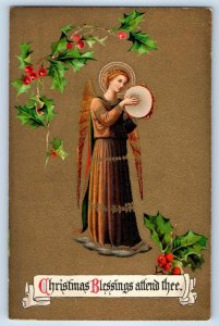 c1910's Christmas Religious With Tambourine Holly Berries Antique Postcard