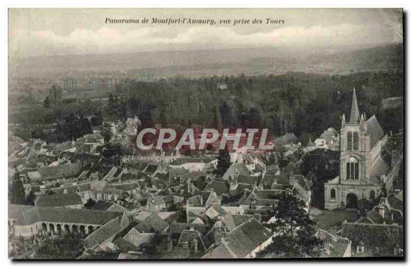 Old Postcard Panorama of Montfort l & # 39Amaury View Towers taken