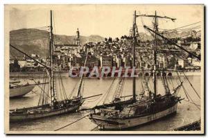 Old Postcard Cote D Azur Menton Port and the Old Town Bateay Sailboat