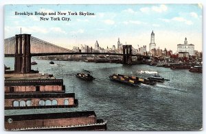 1910's Brooklyn Bridge And New York Skyline New York City Harbor Posted Postcard