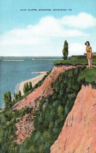 Vintage Postcard Clay Cliffs Fine Panoramic Vista Wild Flowers Manistee Michigan