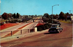 US Hwy 99 S Overpass Fresno California CA Old Car VTG Postcard PM Cancel Clean 