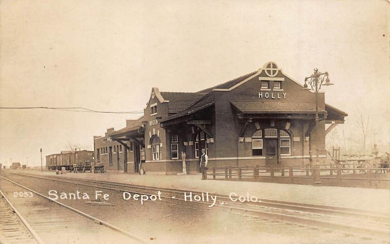 Holly CO Sante Fe Railroad Station Train Depot 1921 Real Photo Postcard