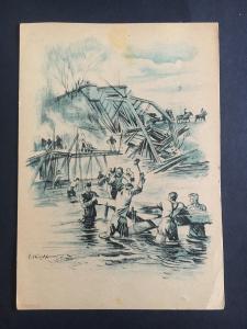 Mint WW2 Germany Army Engineers Building Bridge in River Artist Picture Postcard