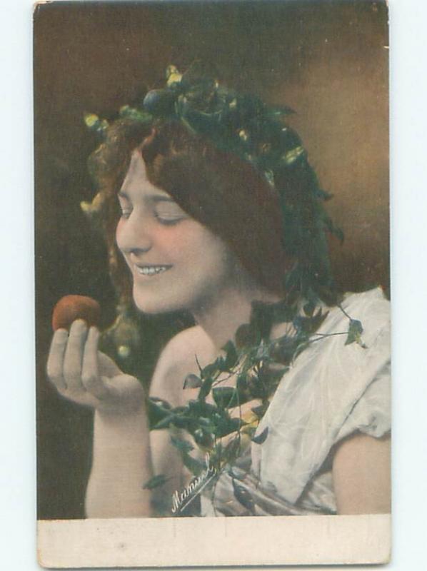 foreign Old Postcard EUROPEAN WOMAN LOOKING AT APPLE AC2483