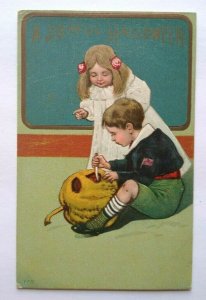 Halloween Postcard Paul Finkenrath Embossed 778 Children With JOL Unused
