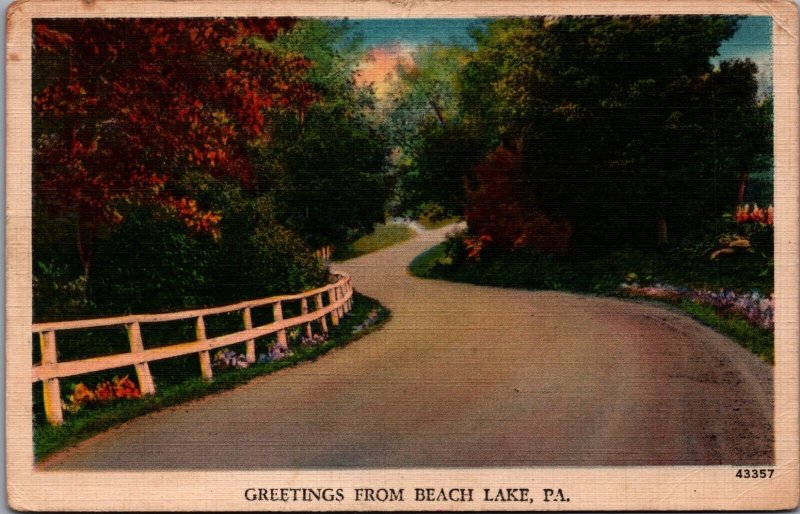 USA Greetings From Beach Lake Pennsylvania Linen 02.75 