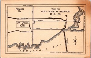 Map of Gulf Coastal Highway 98 Pensacola Bay FL Vintage Postcard U78