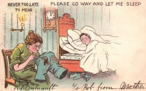 Vintage Postcard 1905 Old Lady Stitching Pants Never Too Late To Mend Comic