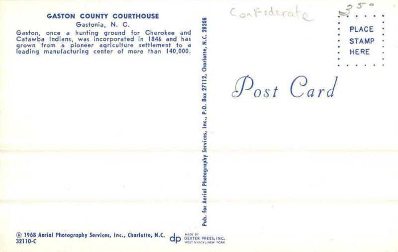 Gastonia North Carolina Gaston Court House Confederate Vintage Postcard K72311