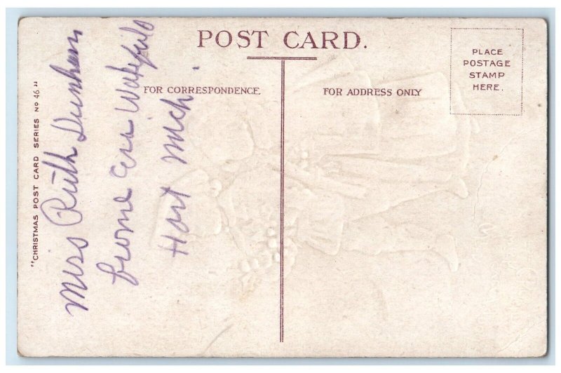c1910's Christmas Children With Holly Berries Snowfall Winter Embossed Postcard