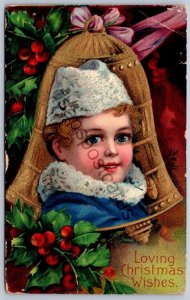 K50/ Christmas Love Holiday Postcard c1910 Bell Gold Child Smile 70
