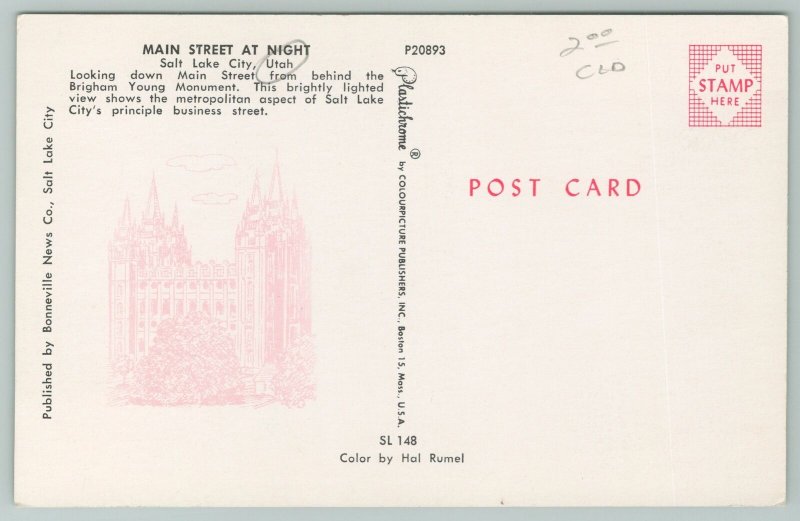 Salt Lake City Utah~Main Street Neon Night Lights~Tribune~Broiler Cafe~1950s