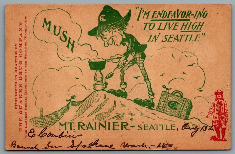 Postcard Seattle WA 1907 Mt Rainier Man Cooking Mush In Camp Quaker Drug Company