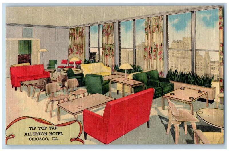 Chicago Illinois Postcard Tip Top Tap Allerton Hotel Lobby c1940 Vintage Antique