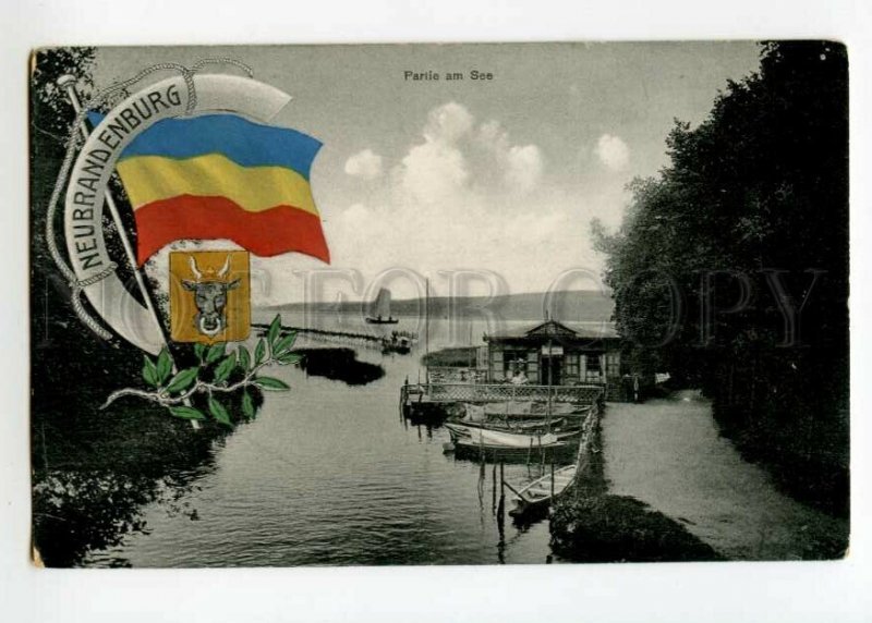 492140 Germany Neubrandenburg flag coat of arms and marina Vintage postcard