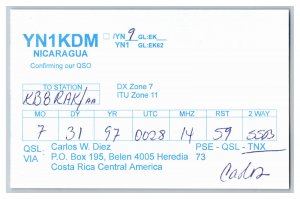 Postcard QSL CB Ham Radio Amateur Card From Nicaragua YN1KDM 