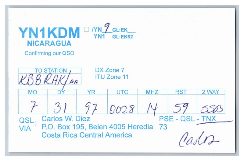 Postcard QSL CB Ham Radio Amateur Card From Nicaragua YN1KDM