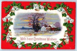 Signed Postcard Christmas Wishes Ringing Bells Holly Berries Embossed 1911