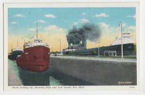 P2902 old postcard ships lock up showing high  & low levels, soo michigan