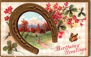 Butterflies Birthday Greetings With Butterfly and Flowers and Gold Horseshoe ...