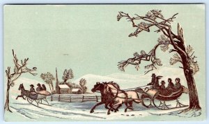 1800's VICTORIAN CARD WINTER SCENE ONE HORSE OPEN SLEIGH CHURCH CHRISTMAS