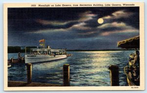 LAKE GENEVA, WI Wisconsin ~ Boat WALWORTH by MOONLIGHT c1930s Linen Postcard