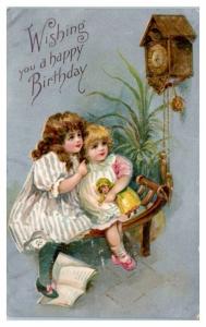 Wishing You a Happy Birthday, Two Sisters Doll Cuckoo Clock Postcard