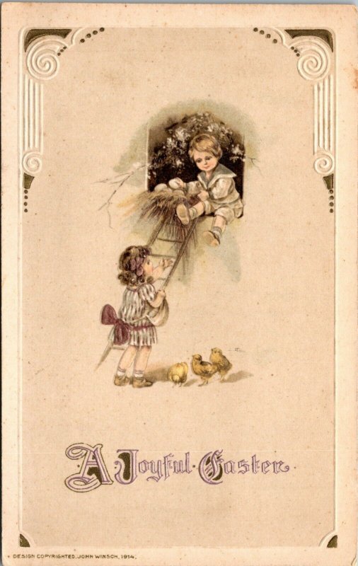 Postcard Joyful Easter Ducklings Children - Ladder - John Winsch Card