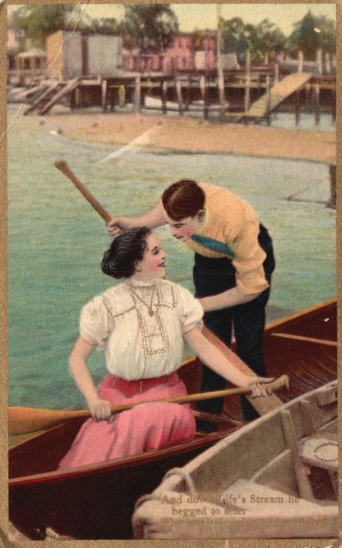 Vintage Postcard 1910's Beautiful Couple Boating Paddling Down Stream Romance